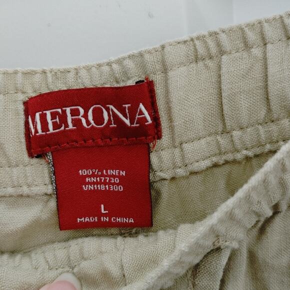 Merona Women's Pants 100% Linen Tan Drawstring Large Wide Leg - Picture 2 of 3